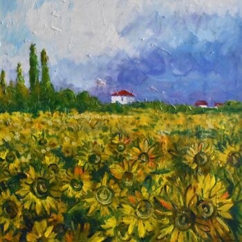 Painting titled "sunflower field" by Grigorii Zulkarniaev, Original Artwork, Oil