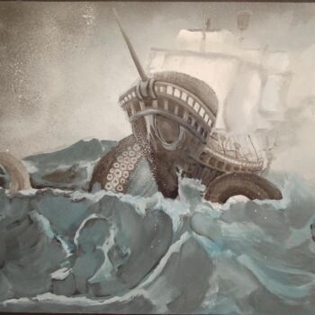 「L'attaque du kraken」というタイトルの絵画 Groteskによって, オリジナルのアートワーク, グワッシュ水彩画
