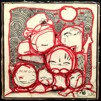 Peinture intitulée "Happy red Family" par Grotesk, Œuvre d'art originale, Stylo à bille