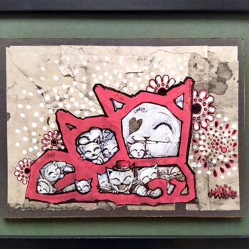 Drawing titled "Red Family" by Grotesk, Original Artwork, Acrylic Mounted on Cardboard