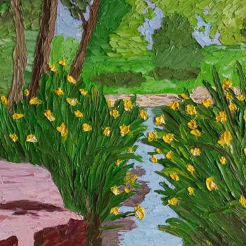 Картина под названием "Flowers by the pond" - Gryg, Подлинное произведение искусства, Масло Установлен на Деревянная рама дл…