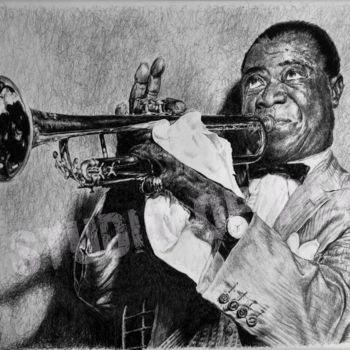 Dessin intitulée ""Louis Armstrong"" par Yuri Sobolev, Œuvre d'art originale, Stylo à bille