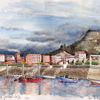 Painting titled "Muxia, vue du port" by Gu Bragh, Original Artwork, Oil