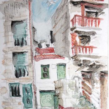 Painting titled "Cangas, centre bourg" by Gu Bragh, Original Artwork, Watercolor