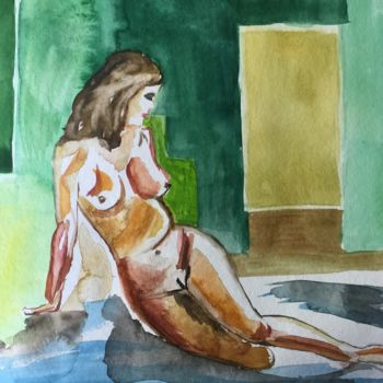 Картина под названием "sitting lady in gre…" - Gudrun Sageder, Подлинное произведение искусства, Акварель