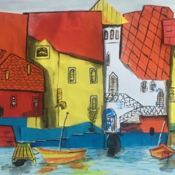 Collagen mit dem Titel "fishermen's village" von Gudrun Sageder, Original-Kunstwerk