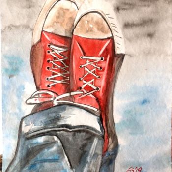 Painting titled "relaxing with red s…" by Gudrun Sageder, Original Artwork, Watercolor