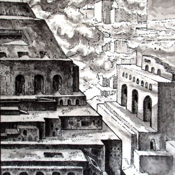 Dessin intitulée "Babel" par Thierry Guého, Œuvre d'art originale, Encre