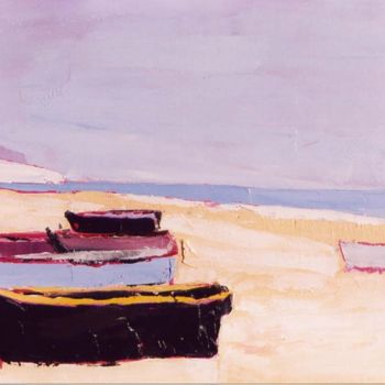 Painting titled "Barques sur le sable" by Guernez, Original Artwork, Oil