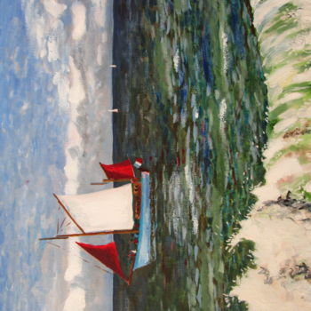 Painting titled "LES VOILES ROUGES A…" by Gueryn, Original Artwork, Oil