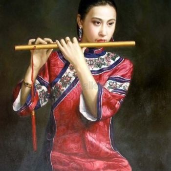 Painting titled "THE CHINESE FLUTIST" by Guibing Zhu, Original Artwork, Other