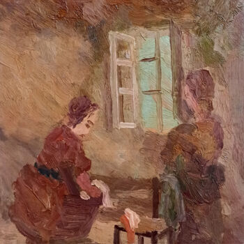 Painting titled "The washerwomen - I…" by Guido Guidi, Original Artwork, Oil Mounted on Wood Panel