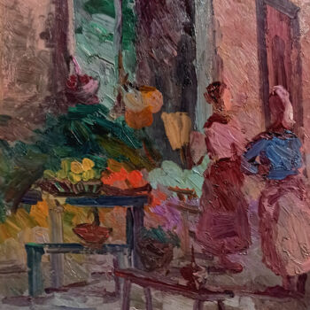 Painting titled "The fruit stand - O…" by Guido Guidi, Original Artwork, Oil Mounted on Wood Panel