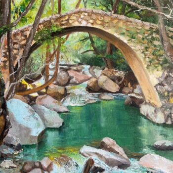 Painting titled "Pont et rivière" by Lydia Guigo, Original Artwork, Oil Mounted on Wood Stretcher frame
