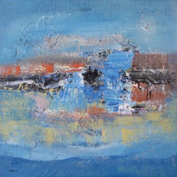 Painting titled "Paysage bleu" by Guillaume Defins, Original Artwork, Acrylic Mounted on Wood Stretcher frame
