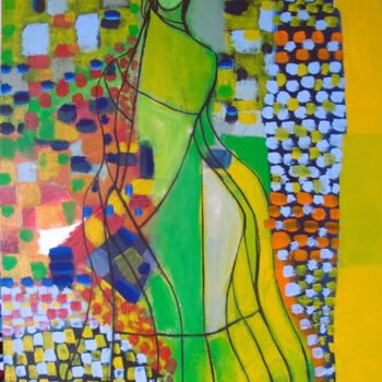 Painting titled "Femme verte" by Guillaume Defins, Original Artwork, Acrylic Mounted on Wood Stretcher frame