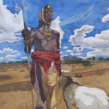 Peinture intitulée "Berger masaï" par Guillaume Girot, Œuvre d'art originale, Aquarelle
