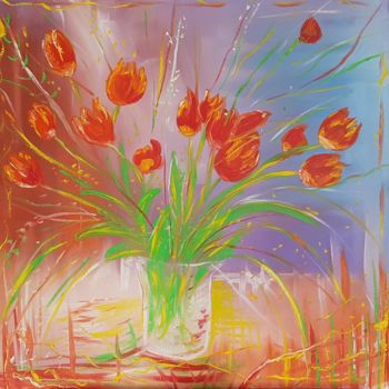 Painting titled "Tulipes" by Guillaume Van Ruymbeke, Original Artwork, Oil