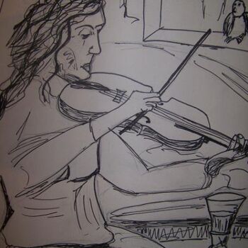 Drawing titled "Femme au violon" by Guillaume Van Ruymbeke, Original Artwork