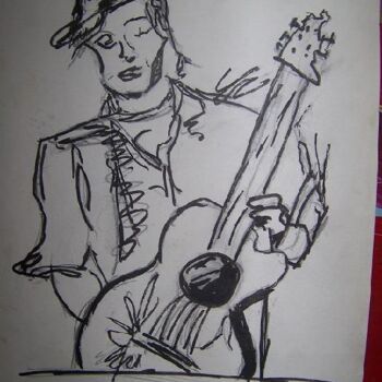 Drawing titled "homme à la guitare" by Guillaume Van Ruymbeke, Original Artwork