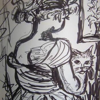 Disegno intitolato "l'enfant et le chat" da Guillaume Van Ruymbeke, Opera d'arte originale