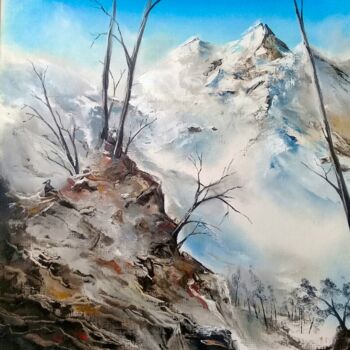 Painting titled "Arbre et montagne" by Guillaume Vincent, Original Artwork, Oil