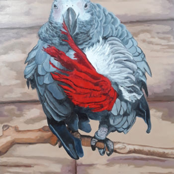 Schilderij getiteld "Perroquet au rouge…" door Guillaume Caron-Maus, Origineel Kunstwerk, Olie