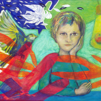 Painting titled "L'enfant et l'oiseau" by Guillaume Rist, Original Artwork, Acrylic