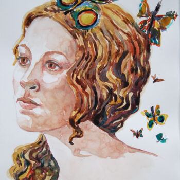 Painting titled "La femme aux papill…" by Guillemette Schlumberger, Original Artwork, Watercolor