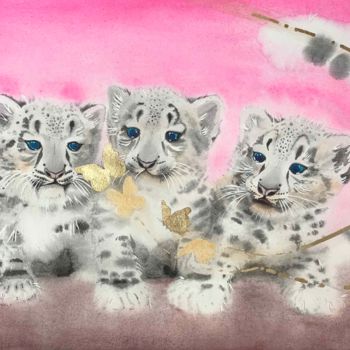 Schilderij getiteld "Baby Cubs and Golde…" door Karin Sarfati, Origineel Kunstwerk, Aquarel