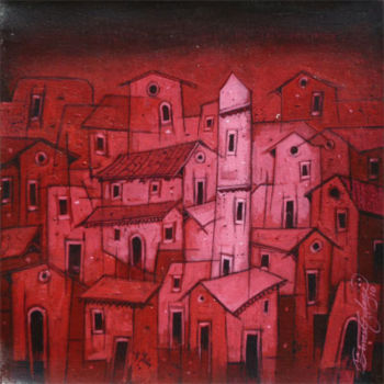 Peinture intitulée "Red Village" par Gulage, Œuvre d'art originale