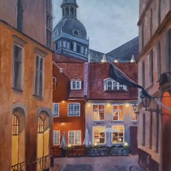 Schilderij getiteld "Old town of Riga" door Gunta Medniece, Origineel Kunstwerk, Olie