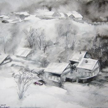 Pittura intitolato "Le village en neige" da Hanwen Guo, Opera d'arte originale, Acquarello
