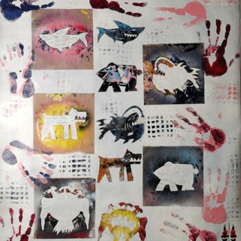 Pintura titulada "Painted sharks and…" por Gugo, Obra de arte original, Collages