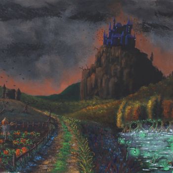 Painting titled "Halloween landscape" by Gurvanart, Original Artwork, Acrylic Mounted on Wood Stretcher frame