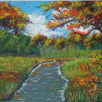 Painting titled "Un jour d'automne" by Gurvanart, Original Artwork, Acrylic Mounted on Wood Stretcher frame