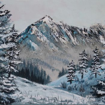 Painting titled "Montagnes hivernales" by Gurvanart, Original Artwork, Acrylic Mounted on Wood Stretcher frame