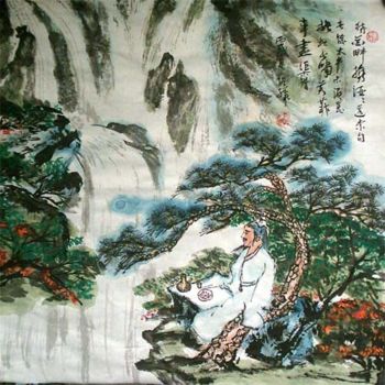 Painting titled "中国山水诗意画——《抚松观瀑》the…" by Shaohua Gu, Original Artwork