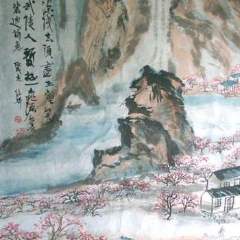 Pintura intitulada "中国山水诗意画——《桃源行》" por Shaohua Gu, Obras de arte originais