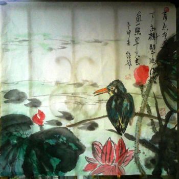 Pittura intitolato "Chinese flowers poe…" da Shaohua Gu, Opera d'arte originale, Olio