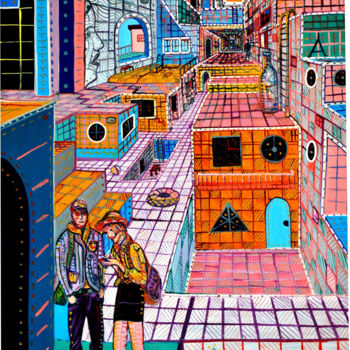 Painting titled "DREAMS CITY 1" by Gustavo López Alvarado, Original Artwork, Oil Mounted on Wood Panel