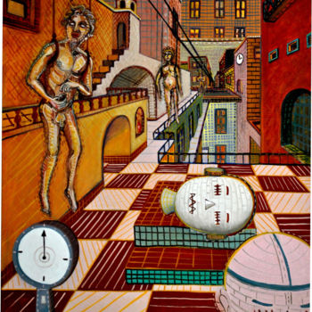 Malerei mit dem Titel "DREAMS CITY II" von Gustavo López Alvarado, Original-Kunstwerk, Öl Auf Holzplatte montiert