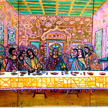 Painting titled "il cenacolo 2022" by Gustavo López Alvarado, Original Artwork, Oil Mounted on Wood Stretcher frame