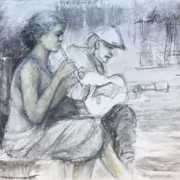 Pintura titulada "Dúo de flauta y gui…" por Gustavo Mañá, Obra de arte original, Pastel
