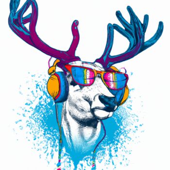 Digitale Kunst getiteld "Deer with headset 2" door Guy Dorion, Origineel Kunstwerk, AI gegenereerde afbeelding