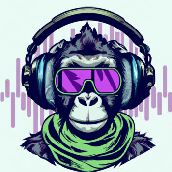 Digitale Kunst mit dem Titel "Monkey headset synt…" von Guy Dorion, Original-Kunstwerk, KI-generiertes Bild