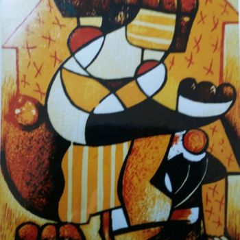 Printmaking titled "MARCHÉ AFRICAIN" by Guy Appolinaire Kassi, Original Artwork, Xylography