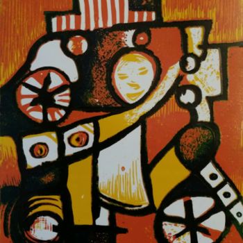 Printmaking titled "JEU D'ENFANTS" by Guy Appolinaire Kassi, Original Artwork, Xylography