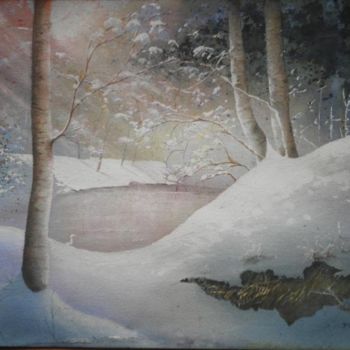 Painting titled "lac sous la neige" by Guylaine, Original Artwork, Watercolor