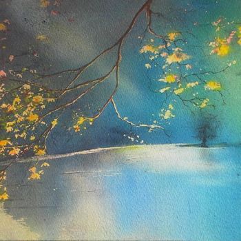 Painting titled "lac-bleu" by Guylaine, Original Artwork, Watercolor